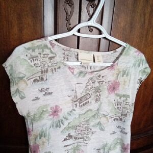 Cynthia Rowley Linen European Floral Print Cap Sleeve Tee Size Medium